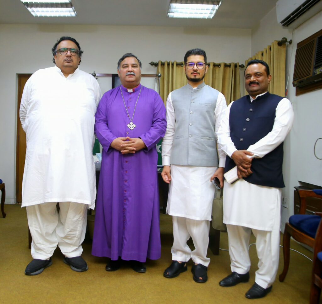 Mr. Jairus Ben Jesus (Publisher, Jarida Today), Rt. Rev. Nadeem Kamran (Bishop of Lahore), Ch. Ghulam Mujtaba Murala (C.E.O, Jarida Today) at the bishop's office and Mr. Khalid Raheel Salik (Presbyterian Church of Pakistan), 