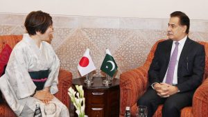 Japan's State Minister Toshiko Abe calls on National Assembly Speaker Ayaz Sadiq in Islamabad
