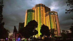 In connection with Pakistan's Independence Day celebration, an illuminated view of the building of the Oil and Gas Development Company Limited in Islamabad with colorful lights.