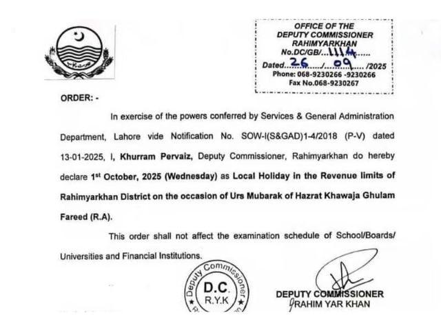 Official notice has been issued regarding the Rahim Yar Khan district celebrating a local public holiday on October 1 to mark the annual Urs of the beloved and renowned Sufi poet and mystic Hazrat Khawaja Ghulam Fareed (R.A).