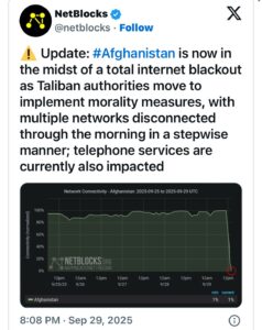 Today marks the second day of internet cutoff in Afghanistan. The censorship goes beyond political strategy and subtle antics—as Afghanistan blatantly cuts the fibre optic network altogether. The government began shutting down high-speed internet connections to some provinces earlier in the month to prevent “vice” on the orders of supreme leader Hibatullah Akhundzada.