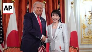 U.S. President Donald Trump lavished praise on Japan's first female leader Sanae Takaichi in Tokyo on Tuesday, welcoming her pledge to accelerate a military buildup and signing deals on trade and rare earths. Takaichi, a protegee of Trump's late friend and golfing buddy Japanese leader Shinzo Abe, applauded Trump's push to resolve global conflicts, vowing to nominate him for the Nobel Peace Prize, according to Trump's spokeswoman, Karoline Leavitt. Both governments released a list of projects, opens new tab in the areas of energy, artificial intelligence and critical minerals in which Japanese companies are eyeing investments of up to $400 billion in the U.S. (Reuters)