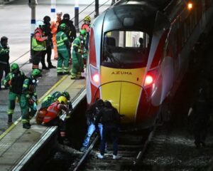 Police received reports of multiple stabbings aboard the 18:25 service from Doncaster to King's Cross. After receiving that call at 19:42, a large number of emergency responders attended the scene at Huntingdon Station in Cambridgeshire, where the train made an unscheduled stop. Police have since confirmed that nine people are in hospital with life-threatening injuries. A tenth person is being treated in hospital with non life-threatening injuries. Two people have been arrested in connection with the incident, and are currently in police custody. The investigation is being supported by counter-terrorism officers, and police say that trains are still not running in the area. There are also a number of road closures that remain in place. (BBC)